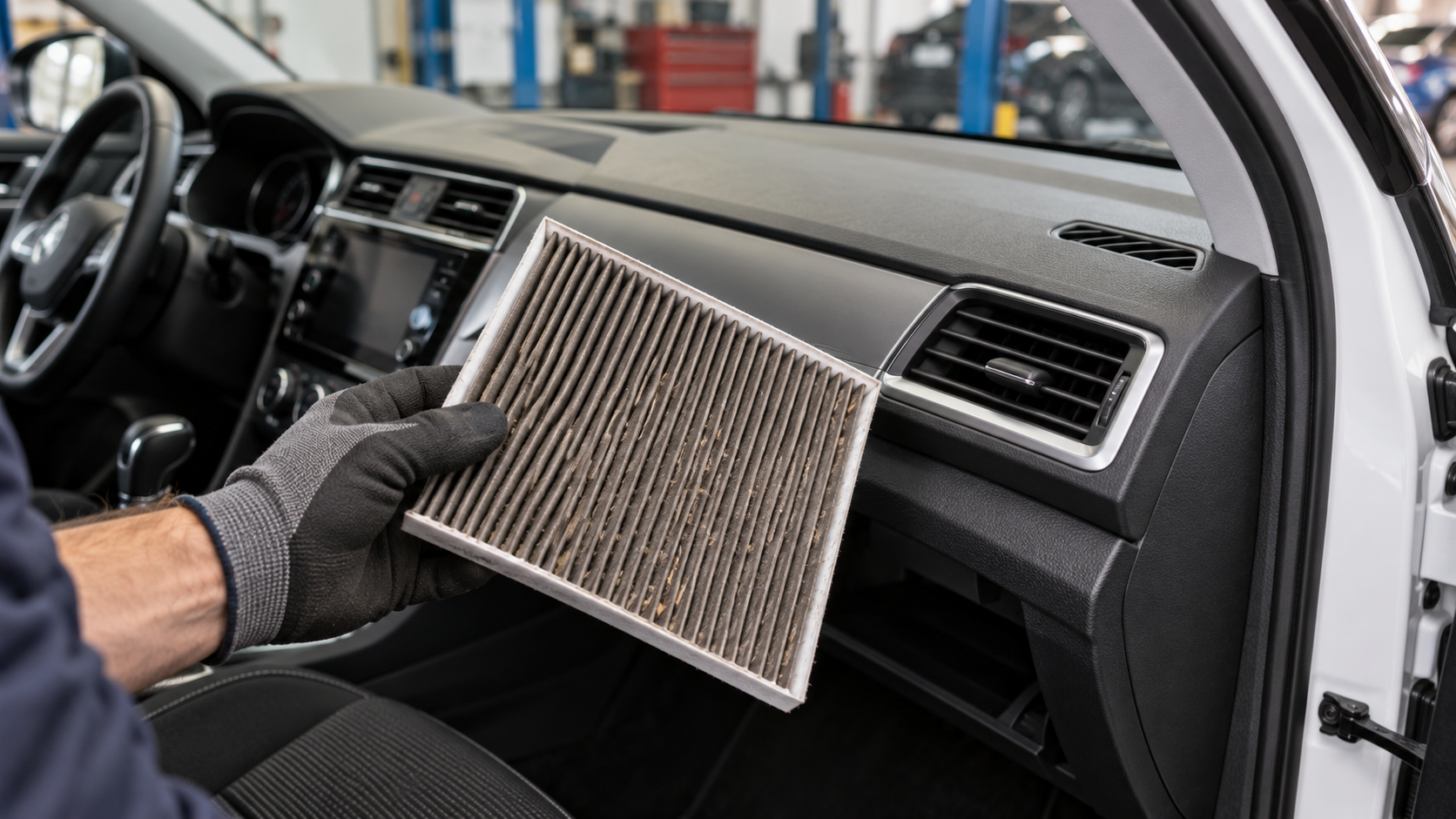 Mano con guanto da officina che tiene un filtro abitacolo impolverato davanti alle bocchette del cruscotto di un’auto.