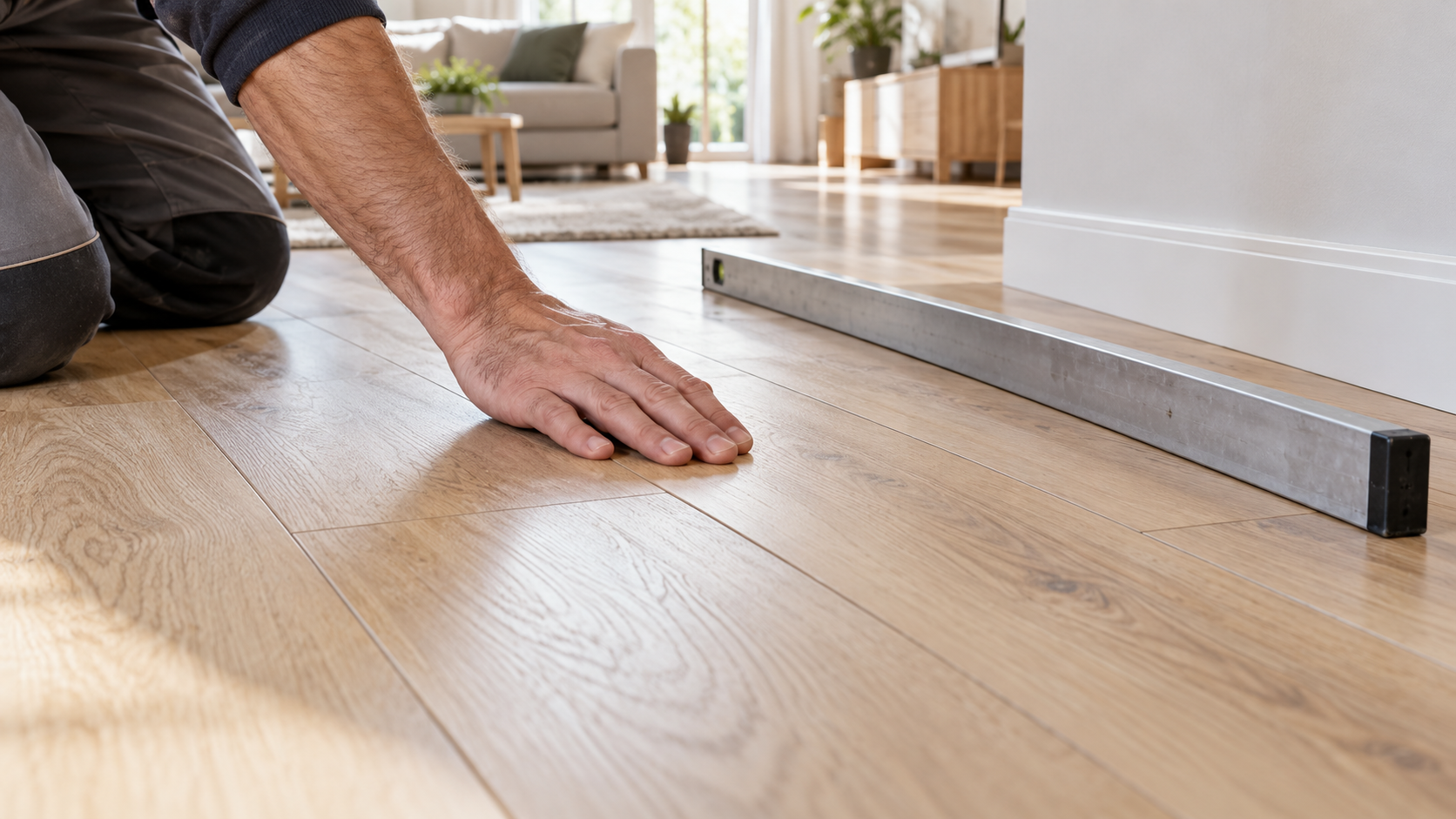 Mano di un tecnico sul pavimento laminato effetto rovere, con staggia metallica accanto al battiscopa.